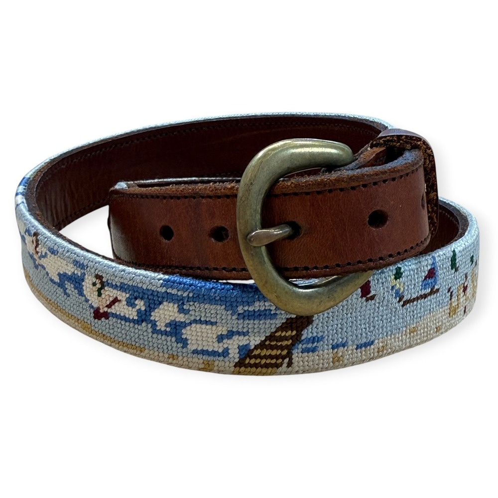 Women's Needlepoint Belt Size 32 Blue Beach Scene Excellent Preppy Leather